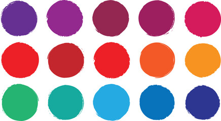 set of colorful grunge circles shapes. Vector grunge round shape. Round brush painted circle brush stamps. Vector illustration.