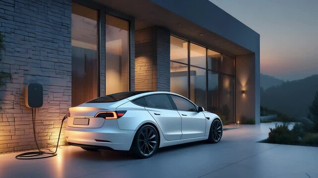 A white electric car is charging at a contemporary home with large windows in the evening