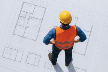 High-angle view of an architect or engineer in a hard hat and vest, standing on large blueprints, surveying plans
