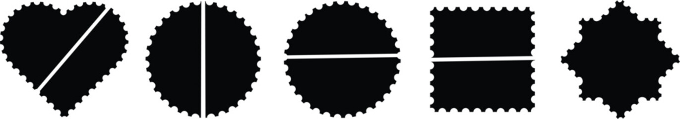 Black silhouette Postage stamp with zigzag edges set. Geometric different stickers with zigzag wavy edges. Label Stamp Box, love, circle and polygonal element for design	

