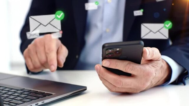 Businessman Managing Emails on Laptop and Smartphone with Animated Mail Icons - Email Marketing Communication Concept