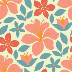 Retro floral pattern with coral flowers and teal leaves on a cream background.