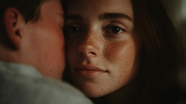 A tender, romantic moment showing a close-up of a love couple in bed. One partner gently kisses the other's cheek,