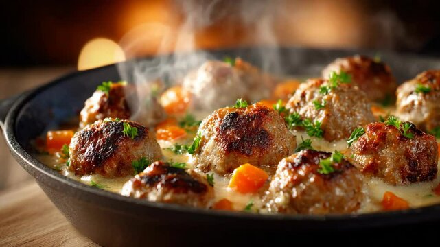 close up hot  meat ball stew with steam and bubbling soup 
