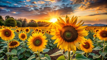 Obraz premium Photo of a vibrant field of sunflowers basks in the golden light of a breathtaking sunset, creating a stunning natural landscape