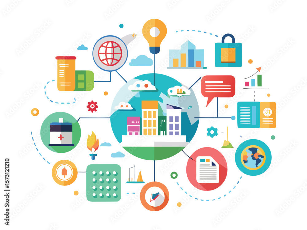 Poster global business network concept with interconnected icons representing finance technology and commun