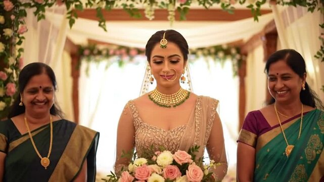 The bride is walking slowly between her caring parents toward a beautifully flower-adorned wedding mandap in a heartfelt traditional ceremony