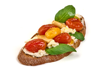 Bruschetta with Basil and cherry tomatoes, isolated on white background