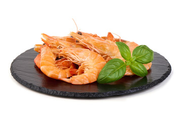 Cooked Prawns with Basil, isolated on white background