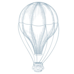 Vector illustration of retro hot air Balloon in outline style. Drawing of vintage Airship for retro adventure themes, baby shower invitations or childish greeting cards. Linear sketch of blue Aircraft