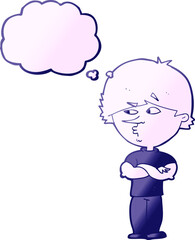 cartoon suspicious man with thought bubble in bright neon color