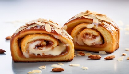 cinnamon rolls cut in half topped with cream cheese frosting and sliced almonds