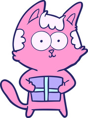 happy cartoon cat with present in bright neon color