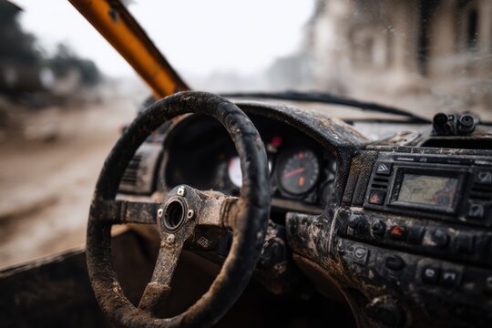 Close up of interior rally car cockpit covered in mud and dirt after rough racing event in Eastern Europe - Powered by Adobe