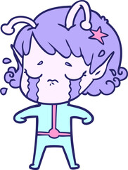 cartoon crying alien girl in bright neon color