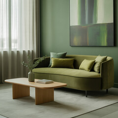 Green velvet sofa with abstract art and coffee table
