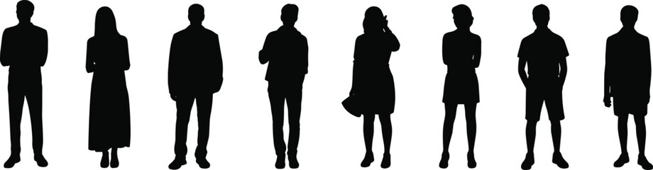 Diverse Group of People Silhouettes, Featuring Men and Women in Various Casual and Formal Attires, Standing Confidently, Ideal for Representing General Human Presence and Crowds on White.