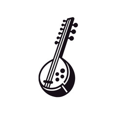 Minimalistic black and white line art illustration of a sitar  