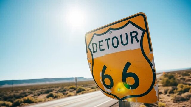 Close up sequence of vintage route 66 detour sign in desert under bright sunny sky