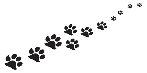Black animal paw prints forming a diagonal trail across a white background. Silhouette style illustration showing a sequence of paw marks in increasing perspective. Simple, minimal, and ideal for pet-