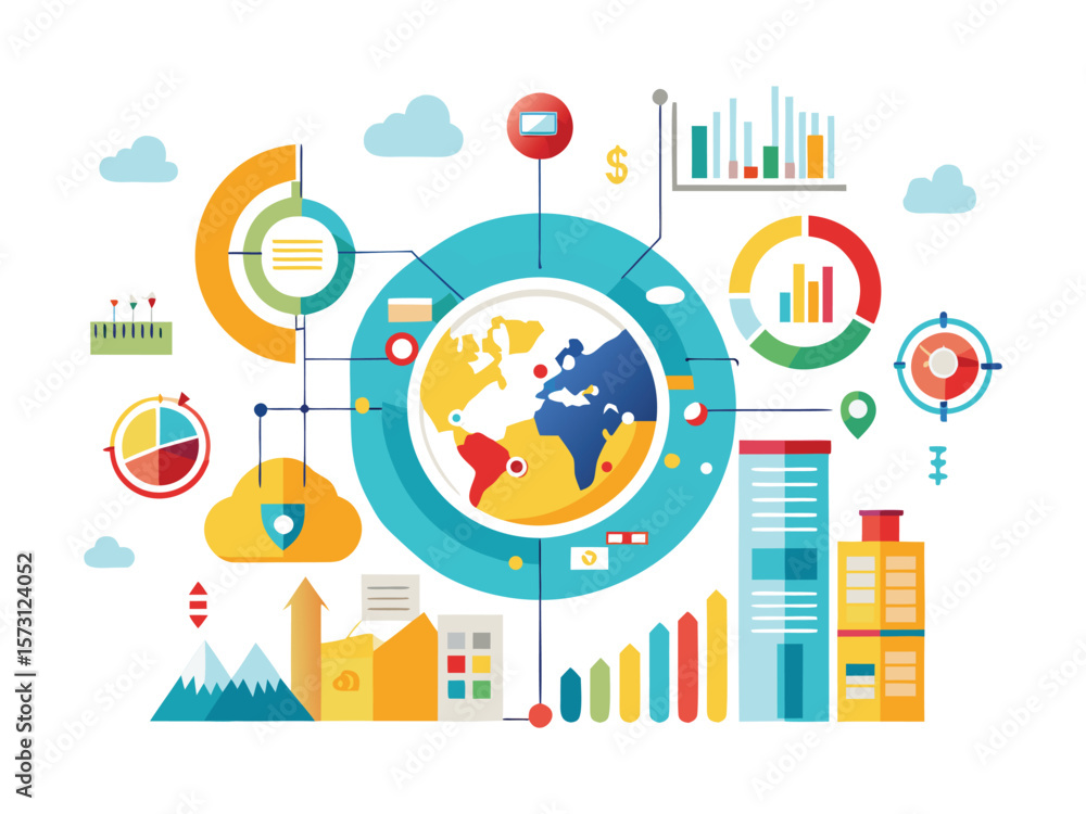 Poster global data analysis and business intelligence visualization with charts and infographics isolated o