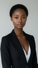A professional African American business woman wearing a black suit jacket.
