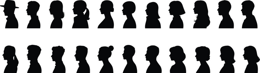  Diverse Profile Silhouettes of Men and Women, Featuring Various Hairstyles and Headwear, Representing Anonymous Individuals for Identity, Communication, and Demographic Concepts on White Background.