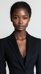 A professional African American business woman wearing a black suit jacket.