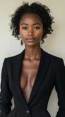 A professional African American business woman wearing a black suit jacket.