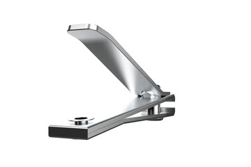 High-resolution close-up of shiny silver metallic nail clippers, opened and isolated on a transparent PNG HD background, a sleek stainless steel grooming tool for precise personal hygiene, essential