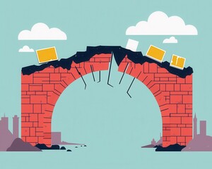 Infographic of broken bridge labeled  economic unity  with conflict icons