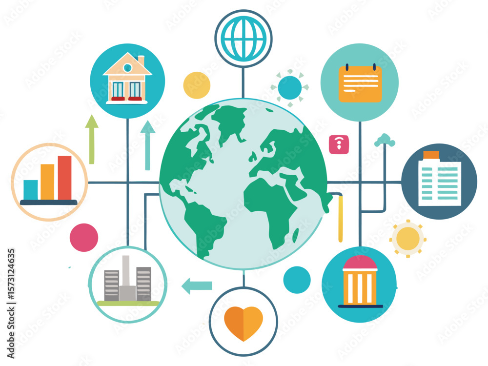 Poster global network of services and connections with icons representing different aspects of life isolate