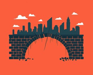 Infographic of broken bridge labeled  economic unity  with conflict icons