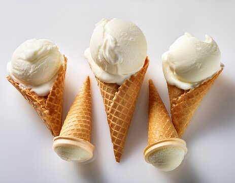 vanilla ice cream served in waffle cones on a white surface