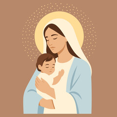 Obraz premium 3D Shadow Box, 9 layers – Virgin Mary and baby Jesus in peaceful layered paper art style with halo