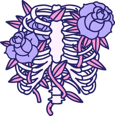 iconic tattoo style image of a rib cage and flowers in bright neon color
