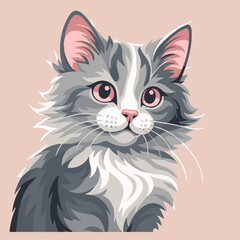 3D Shadow Box, 10 layers – Fluffy gray kitten with big eyes, layered paper art cat portrait in vector style