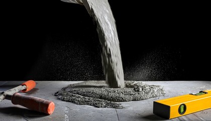 fresh concrete is being poured from a white bucket onto a surface highlighting construction materials against a black background