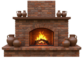 Isolated Rustic Brick Fireplace with Pottery Decor