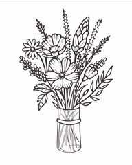 Hand drawn line ink or sketch style vases. Wild garden flower bouquet for wedding invitations or wall art drawing. Clip art flower arrangement in glass vase. Minimalist chalk or charcoa