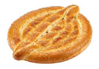 Golden brown turkish pide bread topped with sesame seeds isolated on transparent background