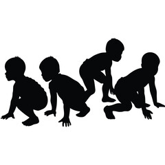 Silhouette of four toddlers playing, crawling, and crouching; playful, energetic, childhood development concept.