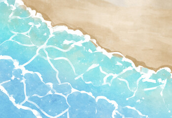 砂浜と海の背景イラスト　風景　水彩　夏　波打ち際　海岸