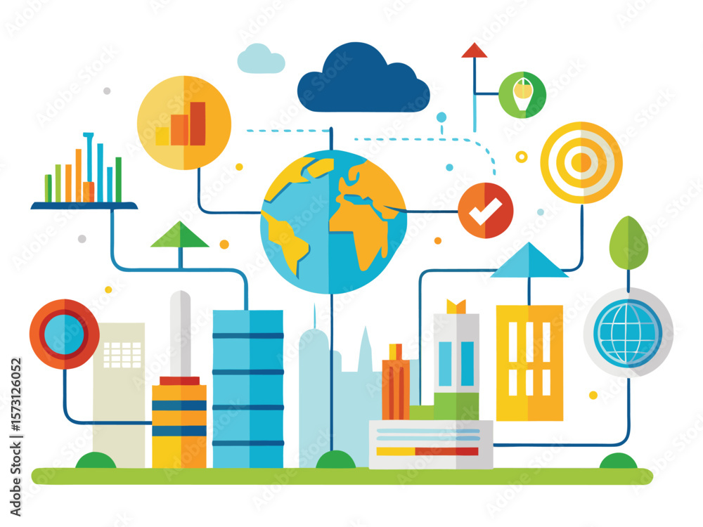 Poster global connectivity and data analysis network with city buildings and cloud services isolated on whi