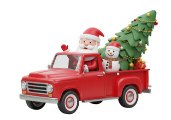 Isolated Santa Claus Driving Red Truck with Christmas Tree