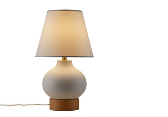Isolated Modern Table Lamp with Linen Shade and Wooden Base