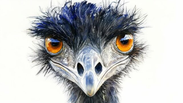 A striking portrait of an Australian emu with vivid blue feathers and orange eyes.