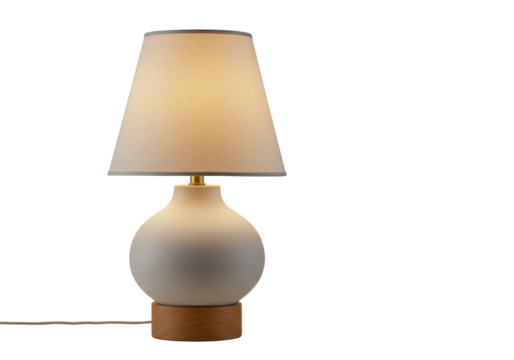 Isolated Modern Table Lamp with Linen Shade and Wooden Base