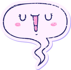 happy cartoon face with speech bubble distressed distressed old sticker in bright neon color