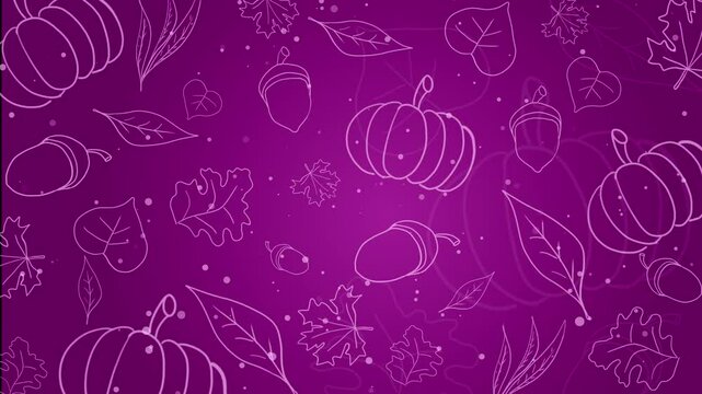 Looped animation with outlines of a drawn autumn pattern with leaves, acorns and pumpkin. Purple festive background with space for text.